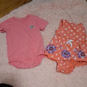 Carhartt Pink Pocket Bodysuit with Coral Polka Dot Dress Set